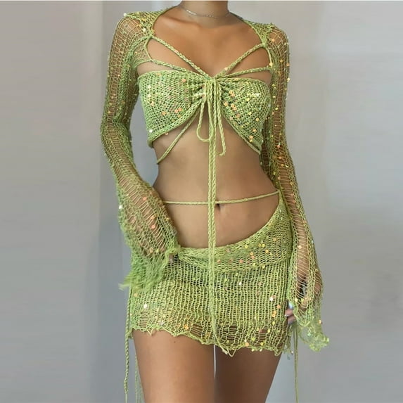 Fartey Womens Crochet Knit 2 Piece Outfits Sexy Glitter Sequin Sets Long Sleeve Crop Tops and Mini Skirts Sets Fashion Y2K Club Suits