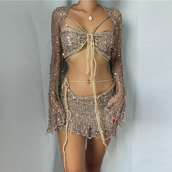 Fartey Womens Crochet Knit 2 Piece Outfits Sexy Glitter Sequin Sets Long Sleeve Crop Tops and Mini Skirts Sets Fashion Y2K Club Suits