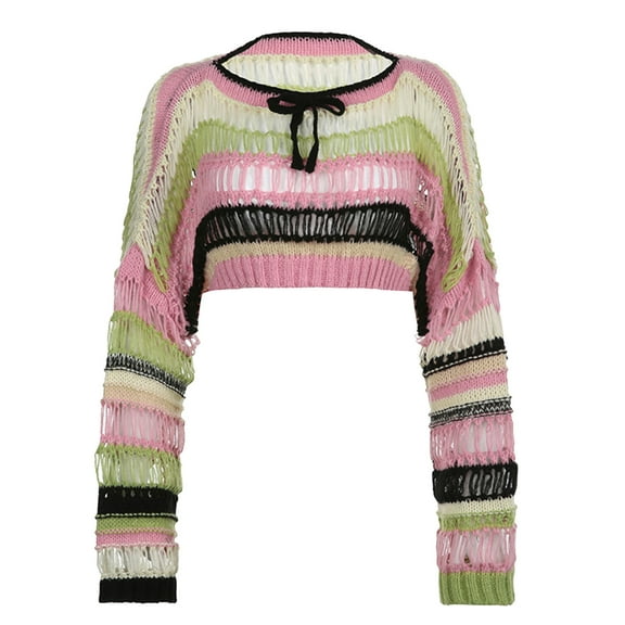 Fartey Womens Crochet Knit Crop Sweater Y2k Hollow Out Sweaters 2024 Fashion Striped Color Block Sweater Loose Comfy Long Sleeve Crew Neck Pullover Sweater