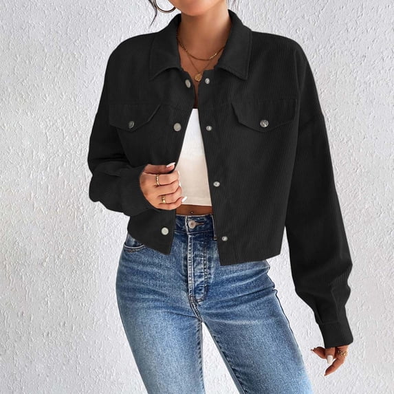 Fartey Womens Cropped Corduroy Jackets Dressy Casual Button Down Shacket Jacket Loose Fit Long Sleeve Crop Coat Fashion Solid Color Outerwear with Pockets