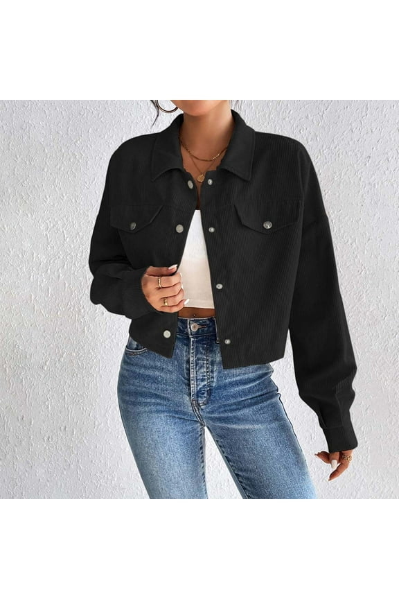 Womens Cropped Corduroy Jackets Dressy Casual Button Down Shacket Jacket Loose Fit Long Sleeve Crop Coat Fashion Solid Color Outerwear with Pockets