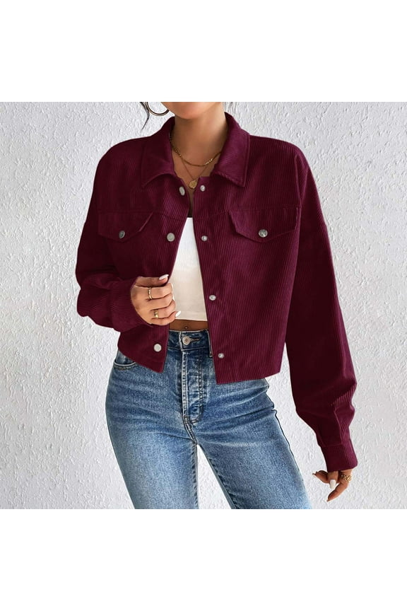 Womens Cropped Corduroy Jackets Dressy Casual Button Down Shacket Jacket Loose Fit Long Sleeve Crop Coat Fashion Solid Color Outerwear with Pockets