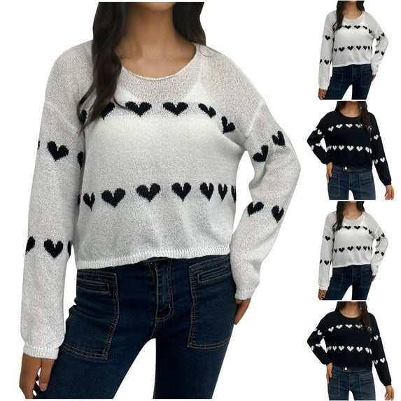 Fartey Womens Cropped Sweaters Cute Heart Print Sweater Soft Lightweight Long Sleeve Crew Neck Pullover Sweater Fall Going Out Knitwear Black S