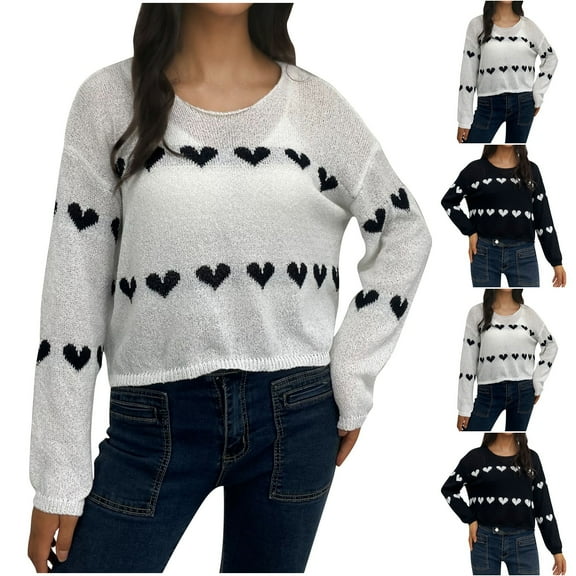 Fartey Womens Cropped Sweaters Cute Heart Print Sweater Soft Lightweight Long Sleeve Crew Neck Pullover Sweater Fall Going Out Knitwear Black XL