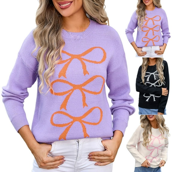 Fartey Womens Cute Bow Knit Sweater Loose Fit Long Sleeve Crew Neck Ribbed Knit Pullover Tops Fashion Fall Winter Going Out Sweaters White S