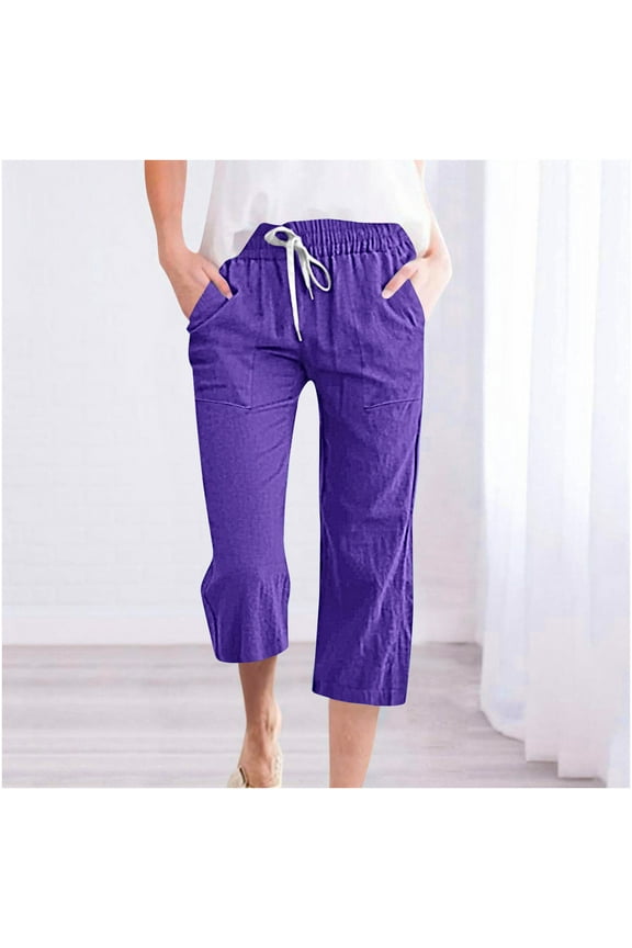 Womens Elastic High Waist Jogger Capri Pants with Drawstring Lightweight Comfy Pocket Cotton Linen Capris Loose Casual Solid Color Straight Leg Pants