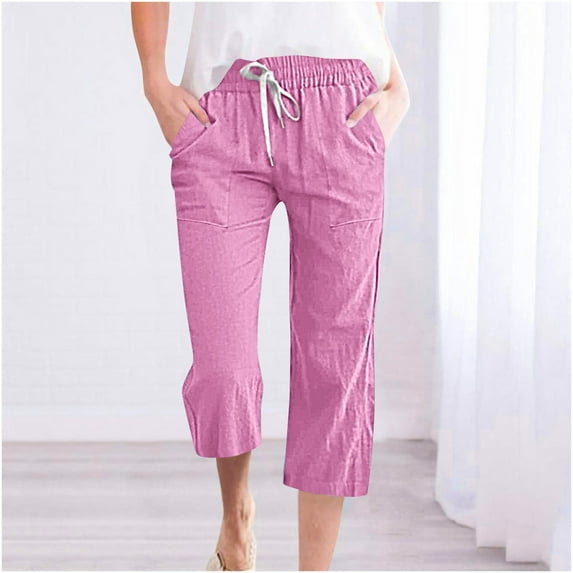 Fartey Womens Elastic High Waist Jogger Capri Pants with Drawstring Lightweight Comfy Pocket Cotton Linen Capris Loose Casual Solid Color Straight Leg Pants