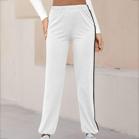 Fartey Womens Elastic High Waisted Jogger Pants Side Stripe Lightweight Joggers Trousers with Pockets Casual Loose Daily Yoga Sweatpants,White,S-3XL