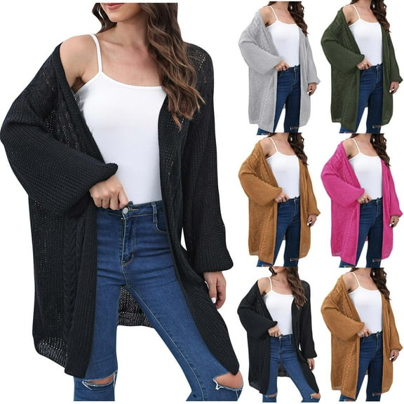 Fartey Womens Fall Cardigan Sweaters Loose Casual Long Sleeve Crochet Knit Open Front Soft Lightweight Solid Color Going Out Jacket Coat Red Free Size