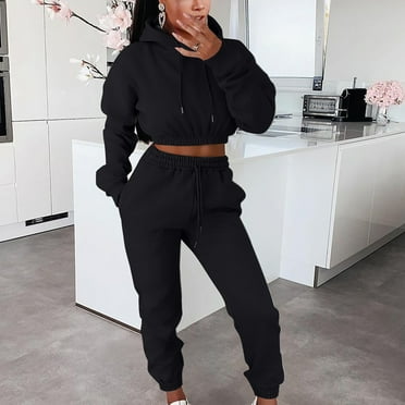Fartey Womens Fall Fleece 2 Piece Outfits Crop Hoodie Sweatshirts and Drawstring Cinch Bottom Sweatpants Fashion Simple Solid Color Jogger Tracksuit Sets