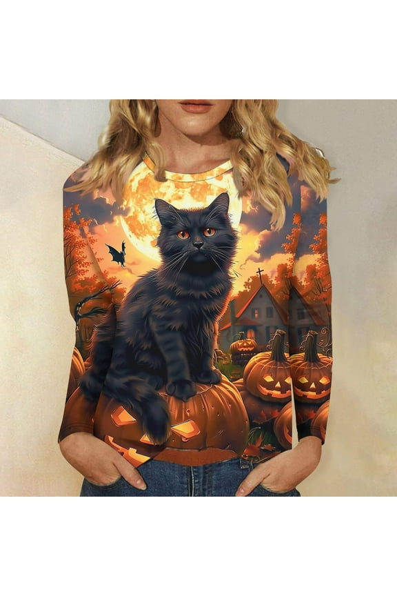 Womens Fall Long Sleeve Tops Slim Fit Halloween Pumpkin Printed Tunic Tops Soft Comfy Crew Neck Pullover Blouses Casual Loose FestivalShirts,M