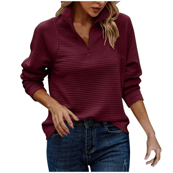 Fartey Womens Fall Textured Sweatshirts 2025 Half Zip Pullover Tops Stand Collar Long Sleeve Solid Slim Comfy Casual Blouses