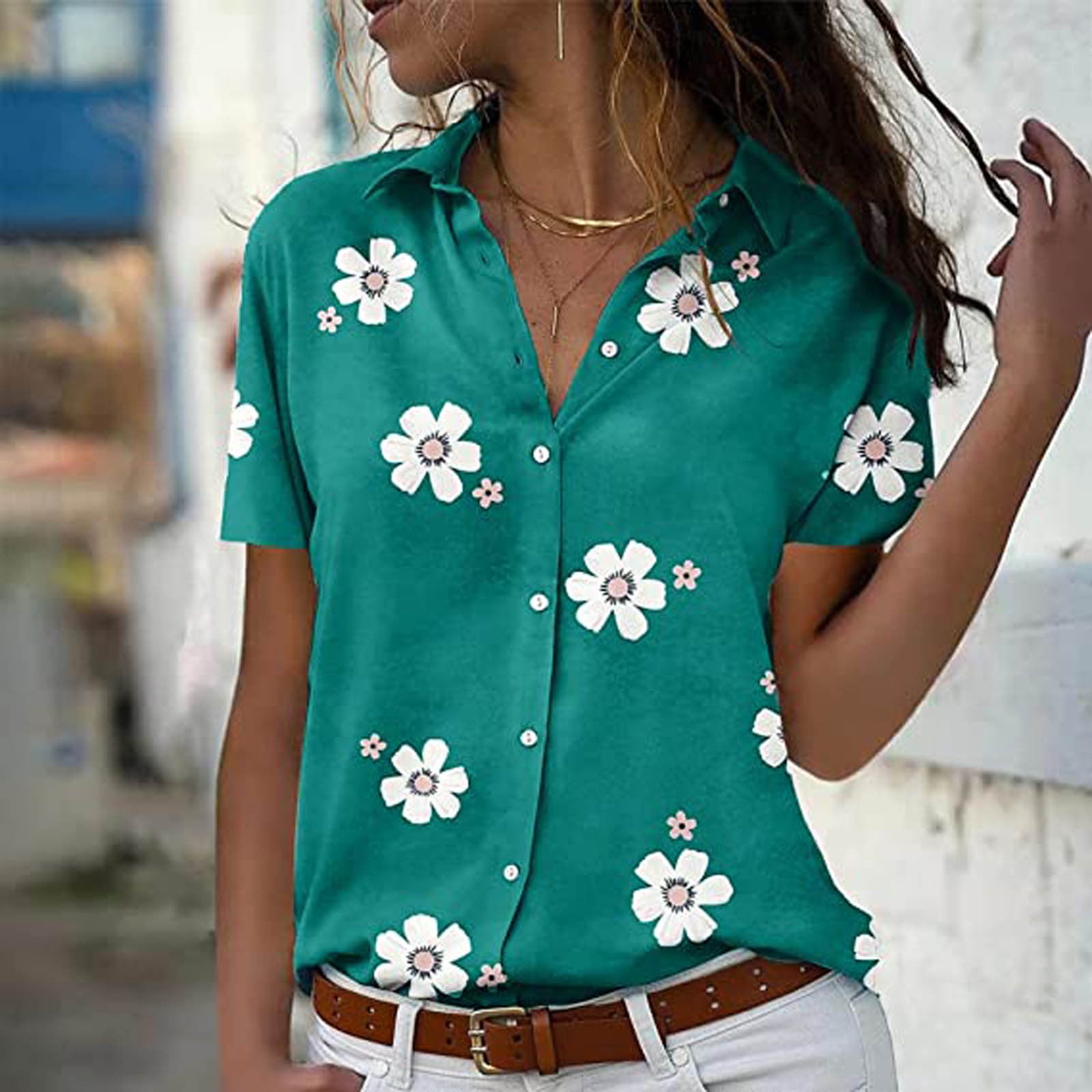Fartey Womens Fashion Floral Print Button Down Shirts Summer Loose ...