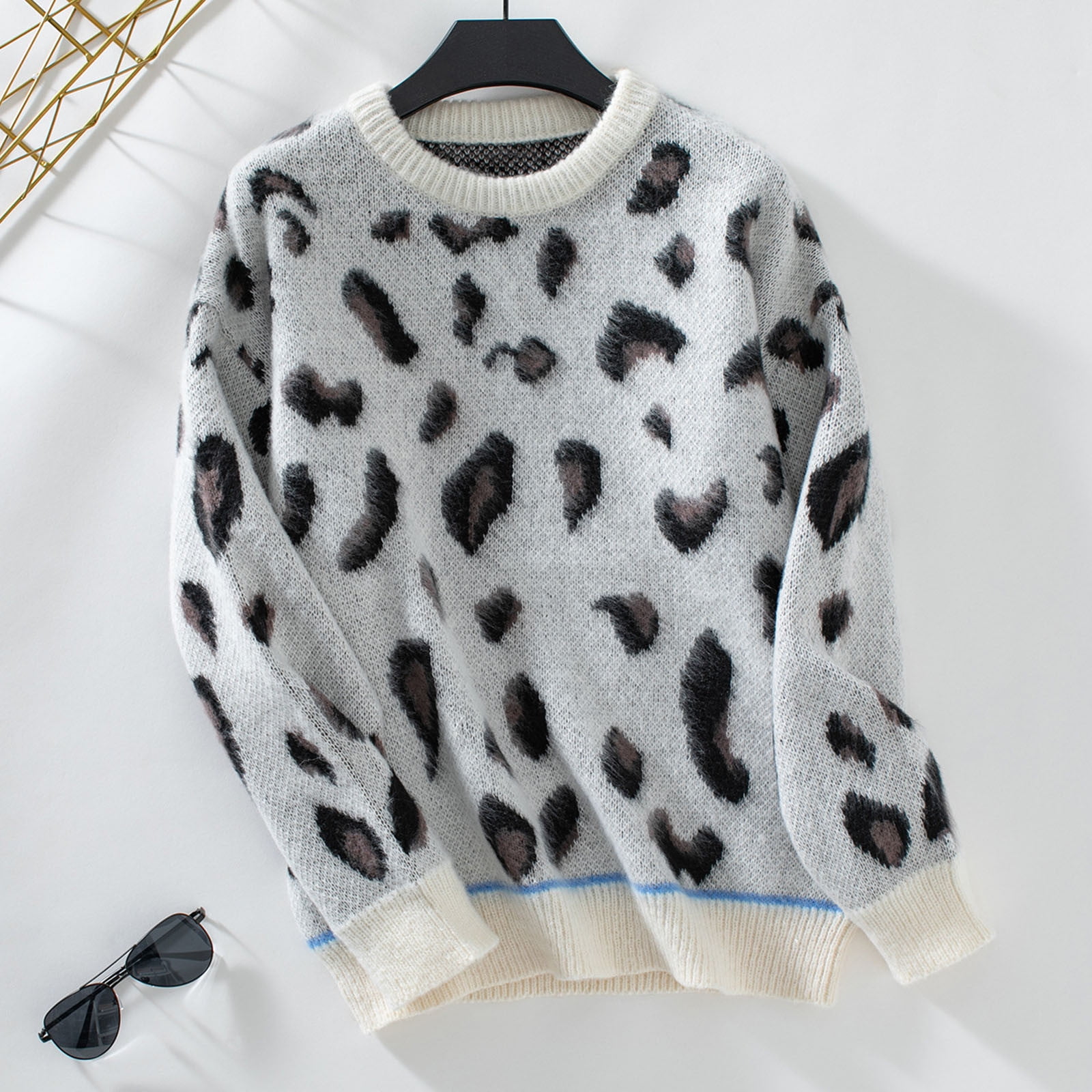 Fartey Womens Fashion Leopard Print Sweater Soft Comfy Fuzzy Crew