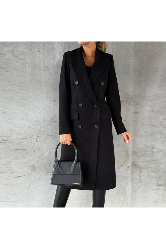 Fartey Womens Fashion Long Pea Coat Elegant Double Breasted Notched Lapel Jacket Business Casual Solid Color Long Sleeve Coats Black S
