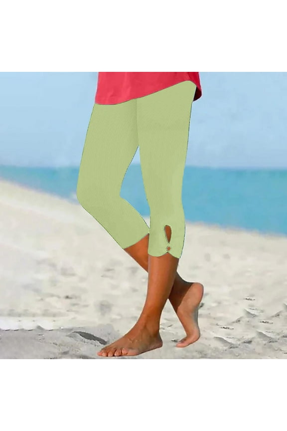 Womens Fashion Ribbed Knit Capri Leggings Summer Casual Knee Length Yoga Pants Solid Color Hollow Out Tummy Control 3/4 Trousers