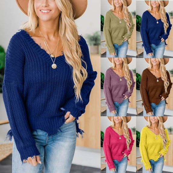 Fartey Womens Fashion Ripped Knitted Sweater Oversized V Neck Crop Pullover Sweater Loose Casual Solid Color Long Sleeve Knitwear Blue 2XL