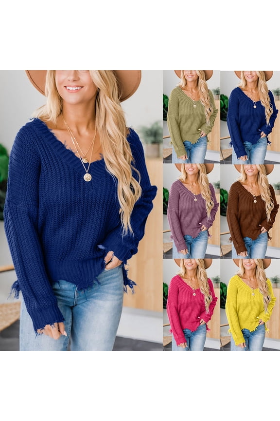 Womens Fashion Ripped Knitted Sweater Oversized V Neck Crop Pullover Sweater Loose Casual Solid Color Long Sleeve Knitwear Blue L
