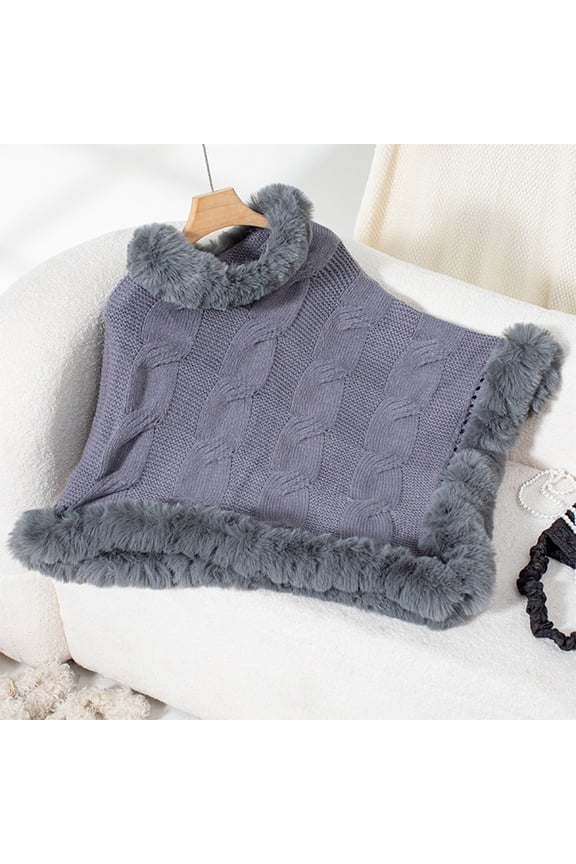 Womens Faux Fur Shawl Trendy Turtleneck Batwing Sleeve Cable Knit Sweater Elegant Casual Fall Winter Warm Irregular Shawls