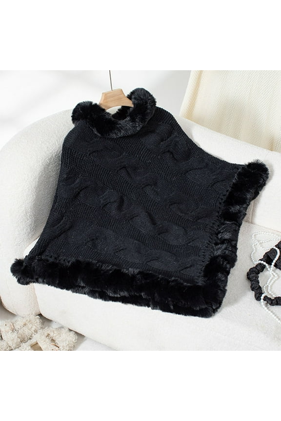 Womens Faux Fur Shawl Trendy Turtleneck Batwing Sleeve Cable Knit Sweater Elegant Casual Fall Winter Warm Irregular Shawls