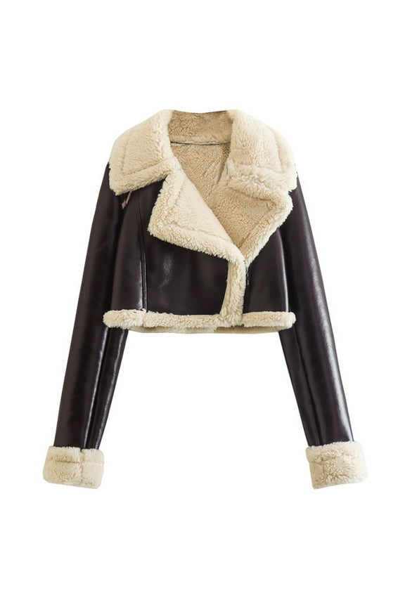 Womens Faux Leather Jacket Thicken Fleece Lined Parka Winter Shearling Fluffy Coat Faux Fur Moto Jacket Cropped Bomber Jacket