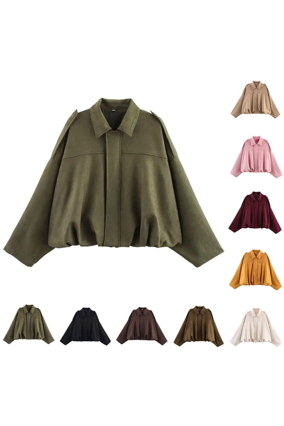 Womens Faux Suede Bomber Jacket Casual Lapel Cropped Coat Lightweight Batwing Long Sleeve Jackets Oversized Zip Up Coats Coffee-01 M