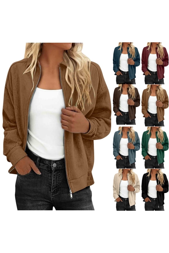 Womens Faux Suede Leather Jacket Loose Winter Long Sleeve Coat Dressy Casual Lapel Zip Up Bomber Jackets Fashion Solid Color Outerwear Black M