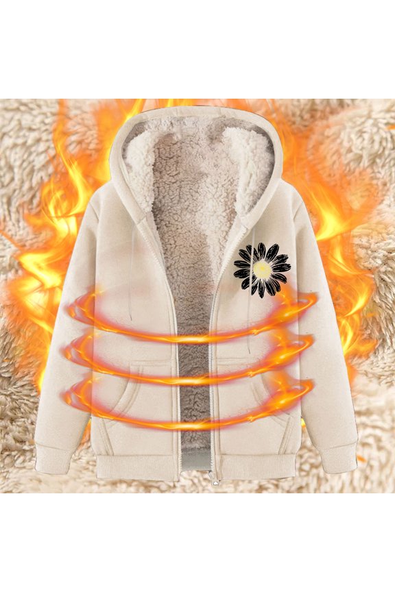 Womens Fleece Lined Jackets Trendy Long Sleeve Zip Up Drawstring Coats Furry Comfy Jacket with Pockets Funny Floral Print Outerwear