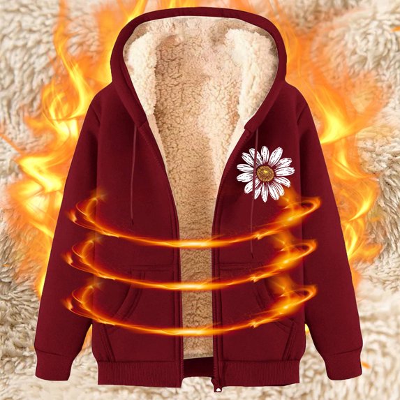 Fartey Womens Fleece Lined Jackets Trendy Long Sleeve Zip Up Drawstring Coats Furry Comfy Jacket with Pockets Funny Floral Print Outerwear