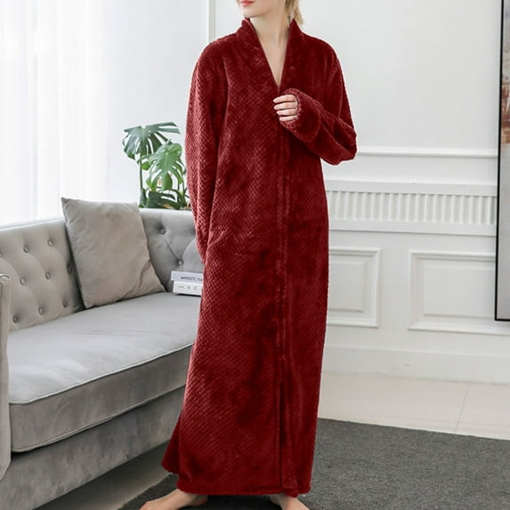 Fartey Womens Fleece Warm Robe with Hooded Soft Comfy Zipper Long Bathrobes Fashion Solid Color Long Sleeve Bathrobe with Pockets Plush Night Dressing Loungewear Red M