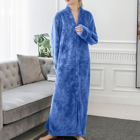 Fartey Womens Fleece Warm Robe with Hooded Soft Comfy Zipper Long Bathrobes Fashion Solid Color Long Sleeve Bathrobe with Pockets Plush Night Dressing Loungewear Blue M