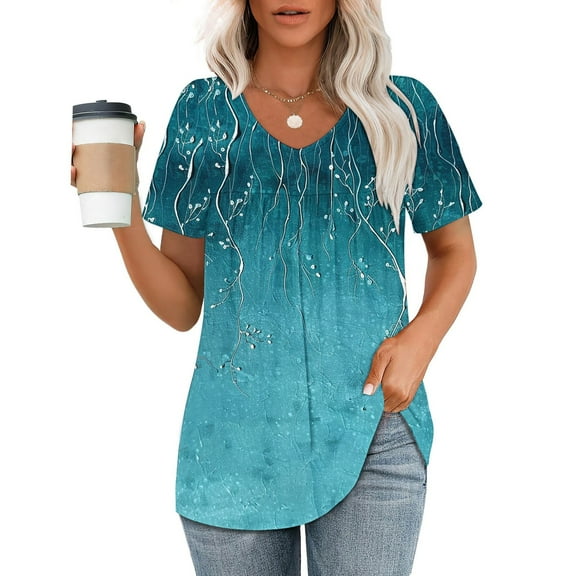 Fartey Womens Floral Graphic Tees Elegant Pleated V-Neck T Shirts Dressy Casual Boho Beach Vacation Blouses Slim Fit Summer Short Sleeve Tunic Tops Blue S-2XL