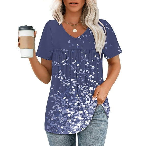Fartey Womens Floral Graphic Tees Elegant Pleated V-Neck T Shirts Dressy Casual Boho Beach Vacation Blouses Slim Fit Summer Short Sleeve Tunic Tops Blue S-2XL