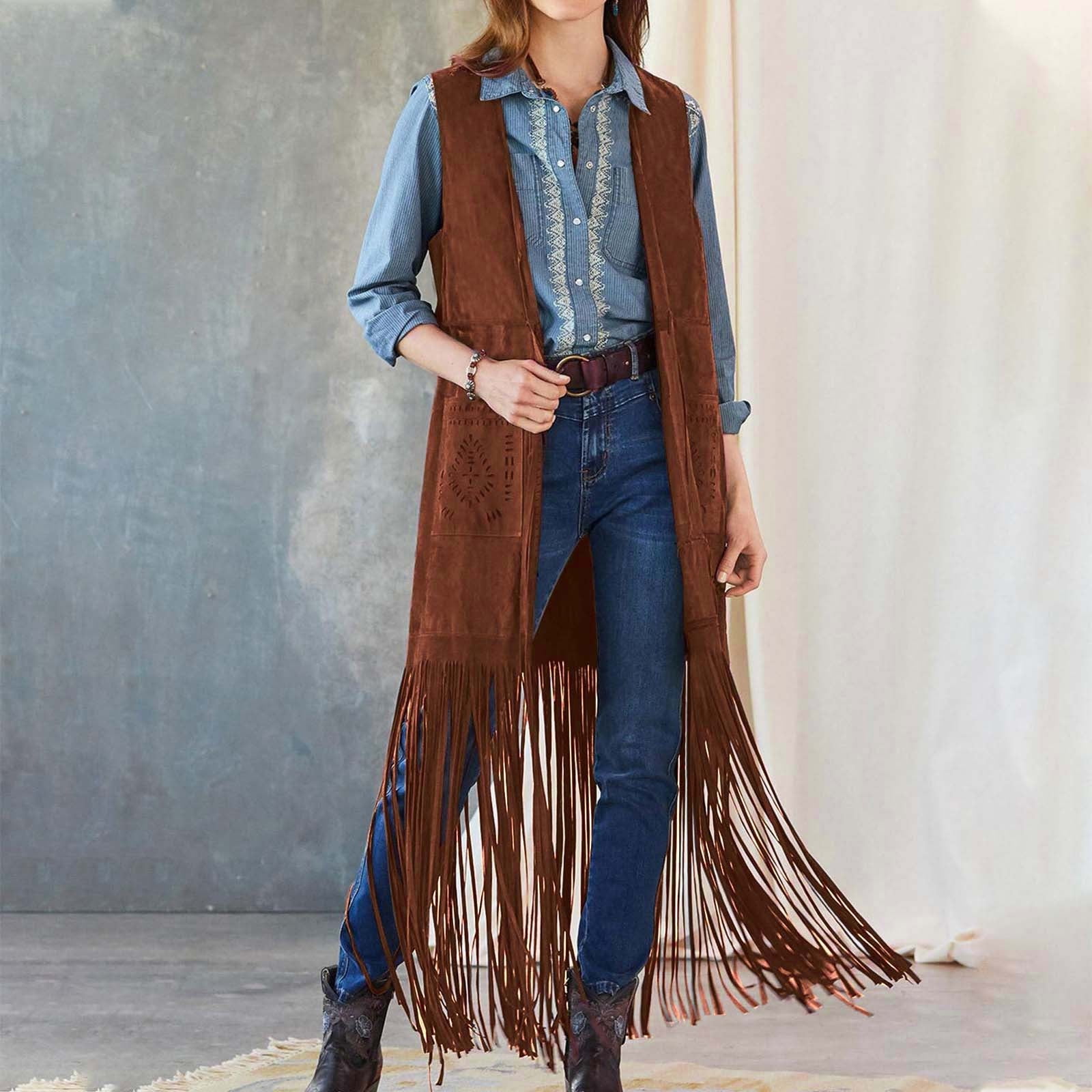 Fartey Womens Fringe Vest 70S Hippie Faux Suede Open-Front Vintage Long ...