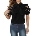 thumbnail image 1 of Fartey Womens Front Bow Tie Neck Lace Floral Mesh Short Sleeve Tops Dressy Casual Summer Solid Color Shirts Office Work Business Blouse Black XL, 1 of 5