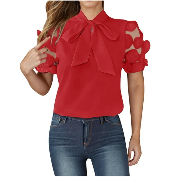 Fartey Womens Front Bow Tie Neck Lace Floral Mesh Short Sleeve Tops Dressy Casual Summer Solid Color Shirts Office Work Business Blouse Red S