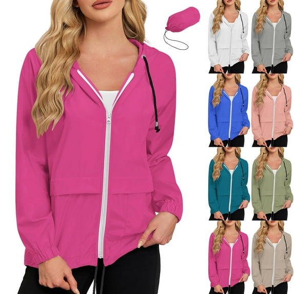 Fartey Womens Full Zip Rain Jacket with Detachable Hood Lightweight Waterproof Windbreaker Outdoor Hiking Travel Trench Raincoat with Pockets Hot Pink 2XL