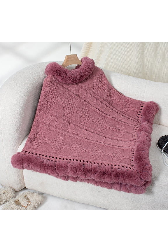 Womens Furry Poncho Sweaters Trendy Turtleneck Batwing Sleeve Cable Knit Sweater Elegant Casual Fall Solid Color Cape Shawl Sweaters