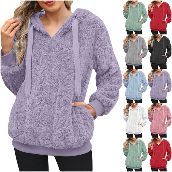 Fartey Womens Fuzzy Fleece Hoodies Cable Knit Warm Sherpa Pullover Sweatshirts Cozy Long Sleeve Hooded Sweatshirt Fashion Solid Color Winter Coat Outfits Green XL