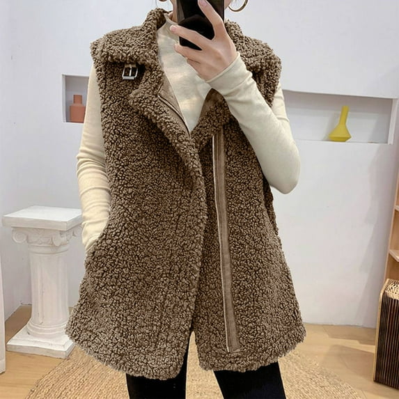Fartey Womens Fuzzy Fleece Vest Casual Warm Sleeveless Zip Up Sherpa Vest Jacket with Pockets Dressy Casual Lapel Collar Vests Coats M