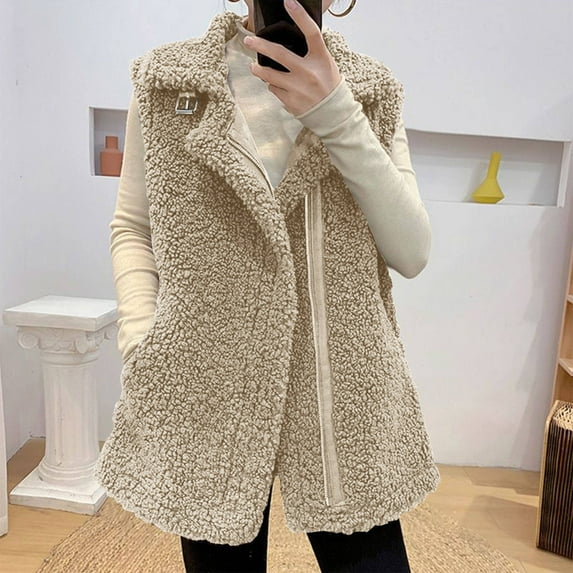 Fartey Womens Fuzzy Fleece Vest Casual Warm Sleeveless Zip Up Sherpa Vest Jacket with Pockets Dressy Casual Lapel Collar Vests Coats M