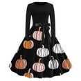 thumbnail image 1 of Fartey Womens Halloween Costume Hepburn Style Long Sleeves Swing Dress Fashion Zip Crew Neck A-Line Dress Fall Winter Pumpkin Print Dresses with Bow Belt, 1 of 3
