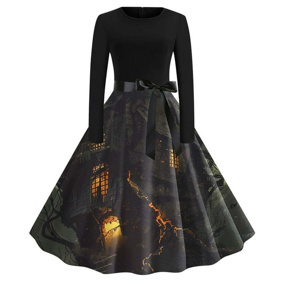 Fartey Womens Halloween Costumes Fashion Splicing Big Hem A-Line Dress with Belt Halloween Graphic Party Dress Hepburn Style Long Sleeve Crew Neck Midi Dresses