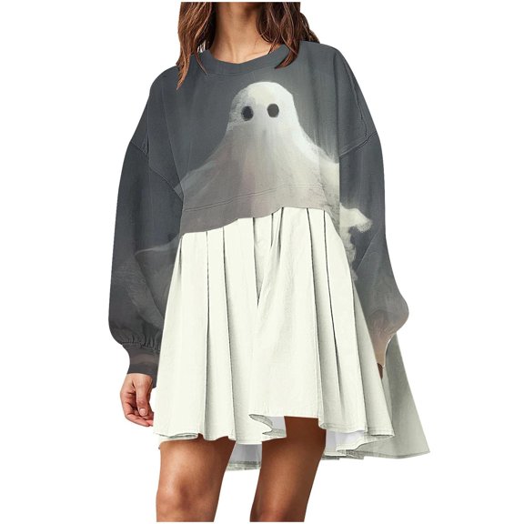 Fartey Womens Halloween Dress Loose Cute Ghost Graphic Lonng Sleeve Crew Neck Pullover Midi Dresses Fashion Fall Patchwork Pleated Sweatshirt Dress 2024