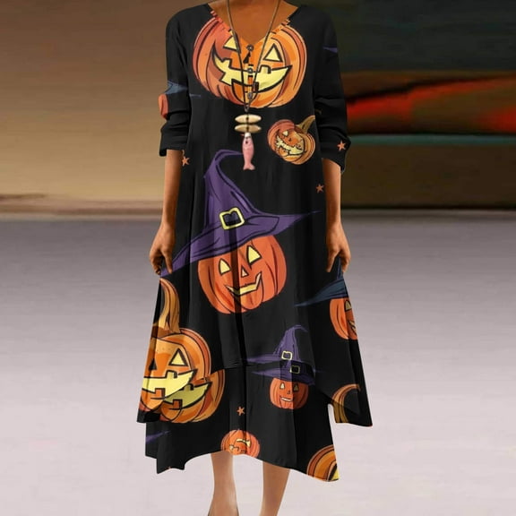 Fartey Womens Halloween Maxi Dresses Plus Size Fall V Neck Button 3/4 Sleeve V Neck Pullover Dress Loose Flowy Irregular Layered Hem Dress Funny Pumpkin Print Festival Dresses
