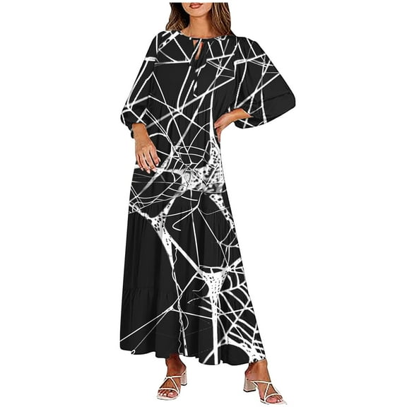 Fartey Womens Halloween Midi Dresses Fashion Fall Crew Neck Long Sleeve A-Line Dress with Belt Retro Pumpkin Print Splicing Big Hem Dresses Elegant Cocktail Party Swing Dresses