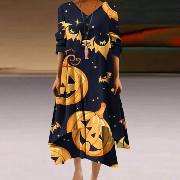 Fartey Womens Halloween Print Maxi Dresses Casual Fall 3/4 Sleeve V Neck Pullover Dress with Button Fashion Elegant Irregular Layered Hem Dress Loose Flowy Festival Dresses