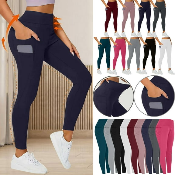 Fartey Womens High Waisted Leggings with Pockets Soft Stretchy Tummy Control Butt Lifting Yoga Pants Fashion Solid Color Gym Workout Running Leggings Navy S