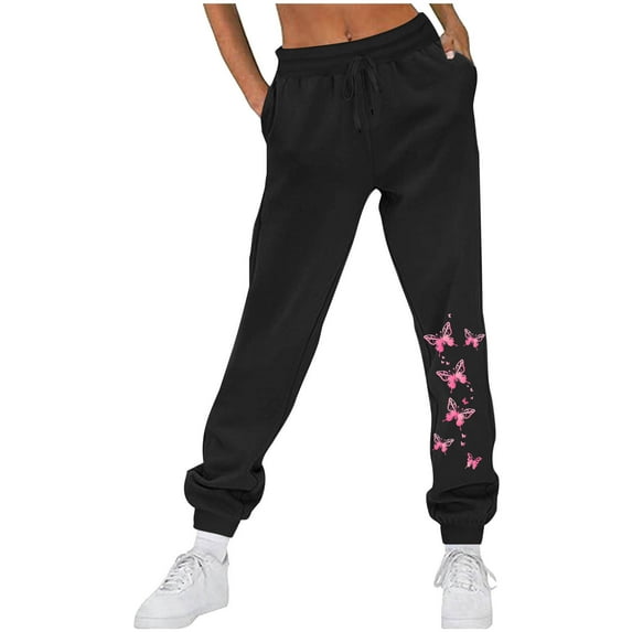 Fartey Womens High Waisted Sweatpants Cute Butterfly Print Cinch Bottom Jogger Pants with Pockets Fashion Drawstring Elastic Waist Sweatpant Black S