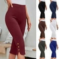 thumbnail image 1 of Fartey Womens High Waisted Tummy Control Capri Leggings Button Trim Running Workout Pants Solid Color Stretchy Business Casual Work Pant Wine S, 1 of 9